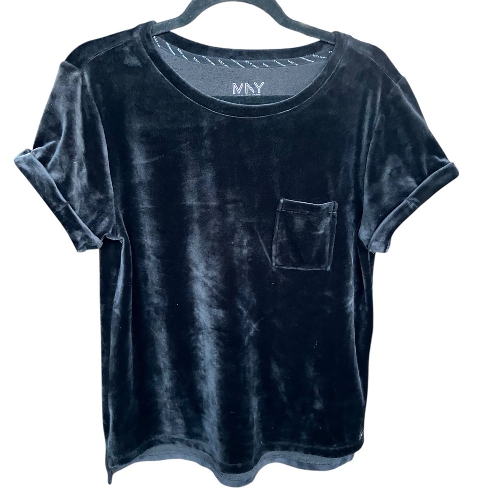 DKNYT Black Velour Pocket Tee Y2K Soft Grunge Streetwear, Medium